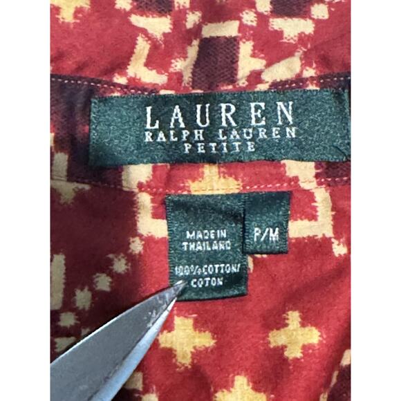 Lauren Ralph Lauren Blouse Womens Petite P/M Red Geometric Tunic Cotton Top - Picture 7 of 8